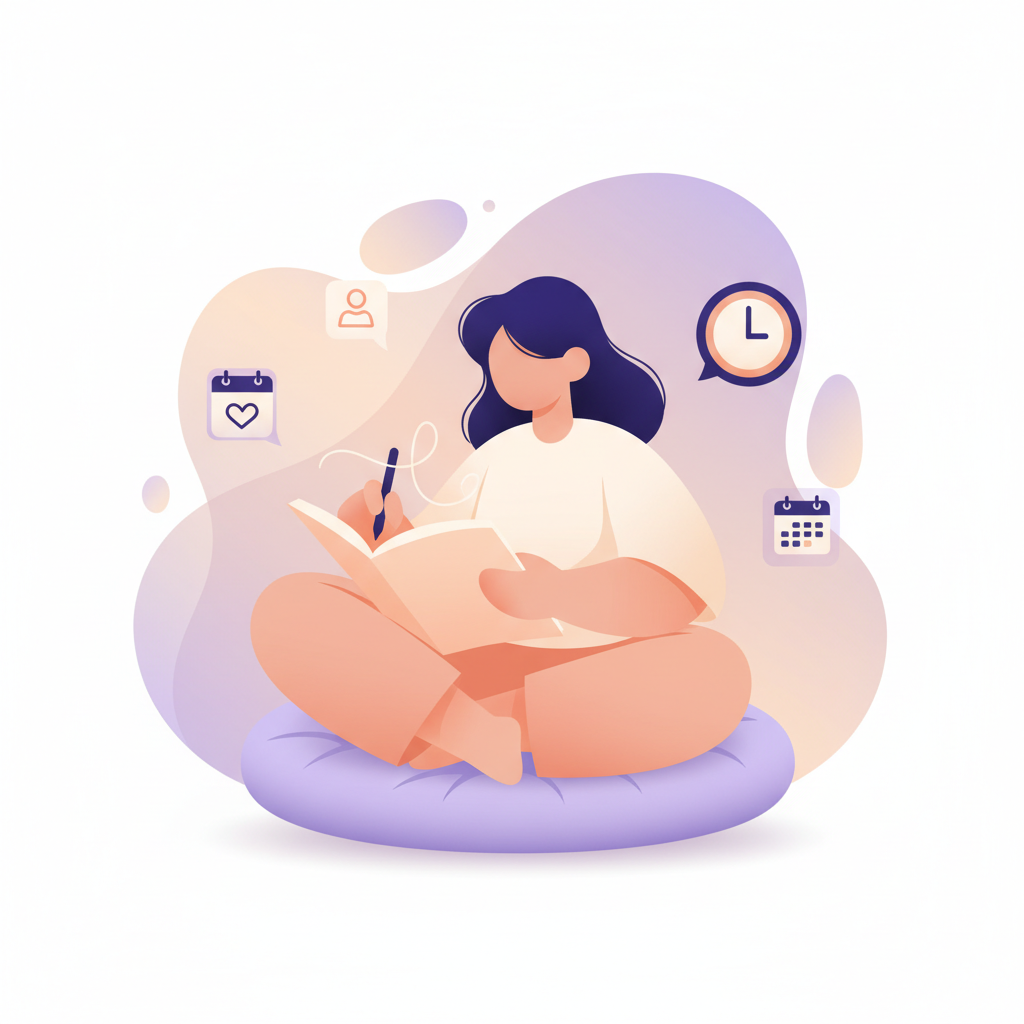 Person journaling surrounded by floating date fragments