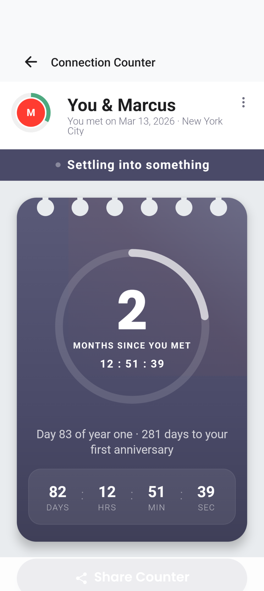 DaterGraph Connection Counter showing 2 months since meeting, Day 83 of Year One, and 281 days to first anniversary — a relationship counter with stage label and location of first meeting