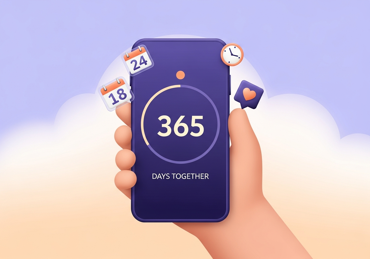 2D flat illustration of a couple using a relationship counter app on a smartphone with floating milestone badges