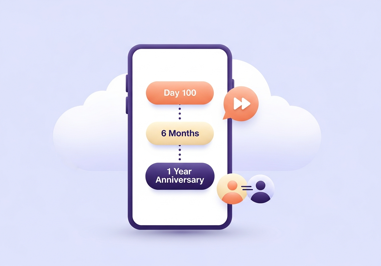 2D flat illustration of a phone screen showing a relationship date calculator with milestone timeline badges