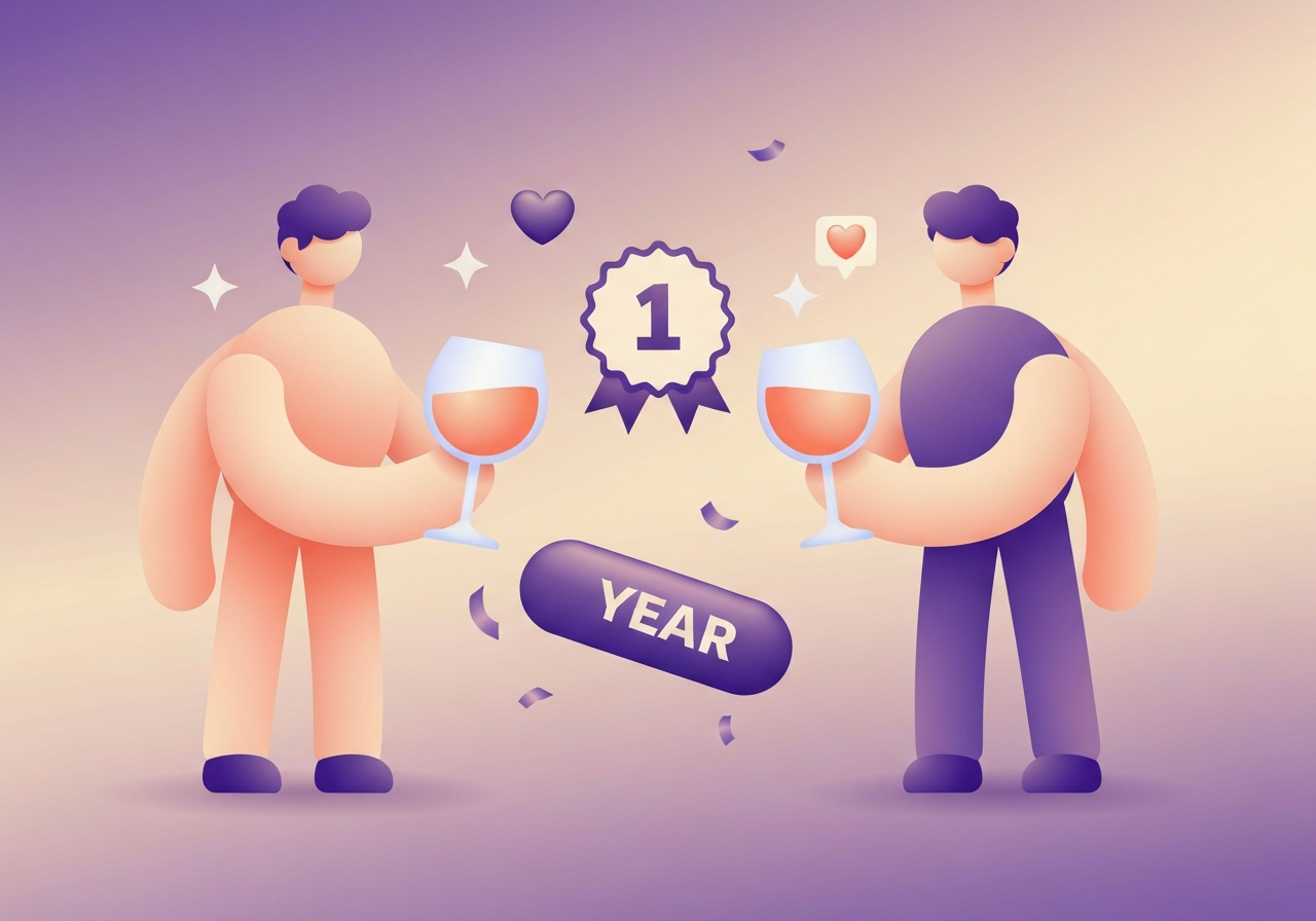 2D flat illustration of a couple celebrating their one-year relationship anniversary together