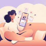 Flat illustration of a person on a couch viewing a DaterGraph Wrapped recap reading 47 moments on their phone.