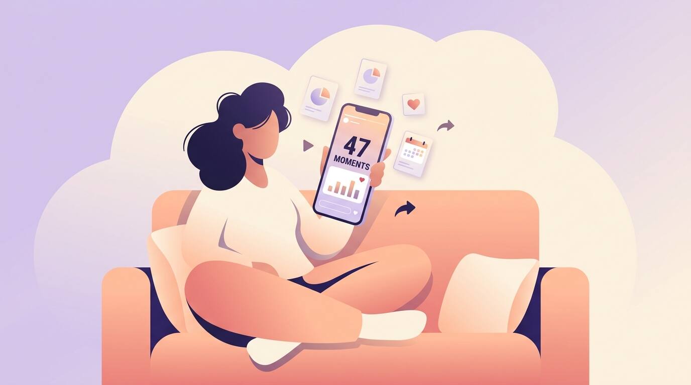 Flat illustration of a person on a couch viewing a DaterGraph Wrapped recap reading 47 moments on their phone.