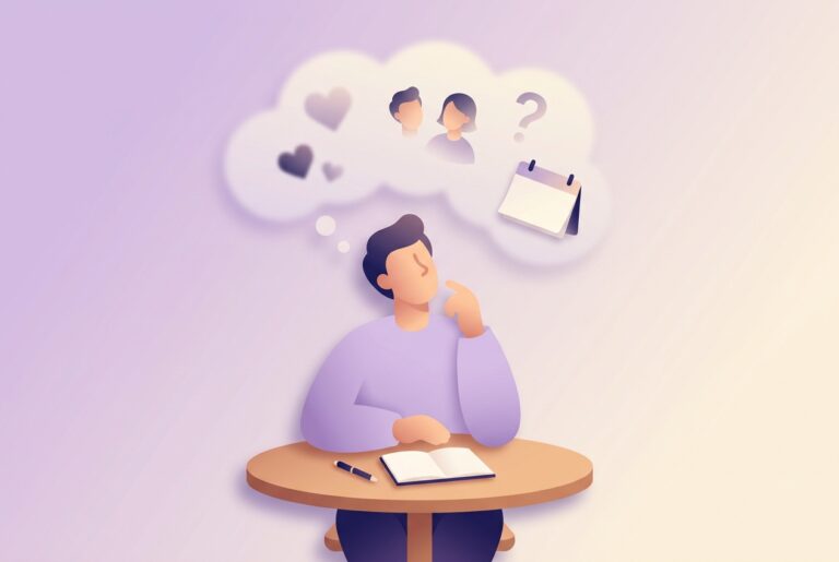 Flat illustration of a person trying to recall their dating year from a hazy cloud of half-remembered moments.