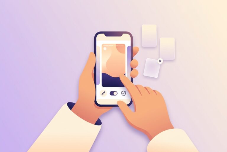 Flat illustration of hands editing a DaterGraph Wrapped slide, with privacy controls and one moment excluded.